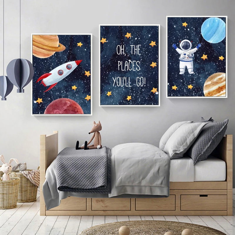 Cuadro de astronauta espacial para guardería, carteles de nave espacial, OVNI, lienzo impreso minimalista, pintura, arte de pared para decoración del hogar y la sala de estar