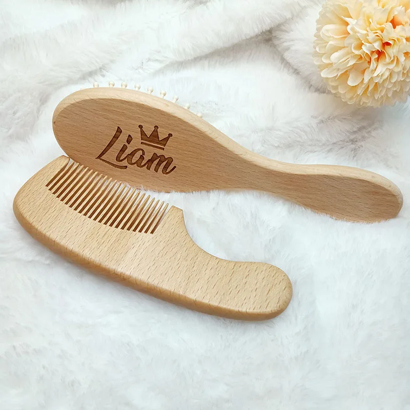 Personalized Baby Hairbrushes Soft Hair Brush Head Custom Name Wooden Newborn Hair Brush Infant Birth / Baptism Shower Gifts