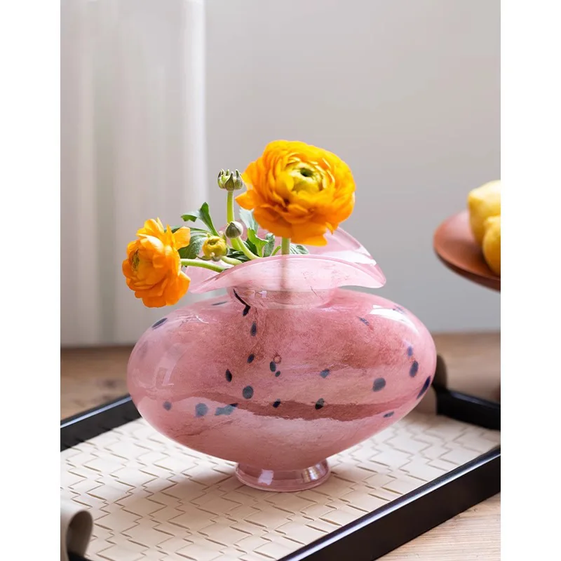 French Middle Ancient Light Luxury High-level Sense of Pink Tabletop Flower Arrangement Glass Vase Decoration