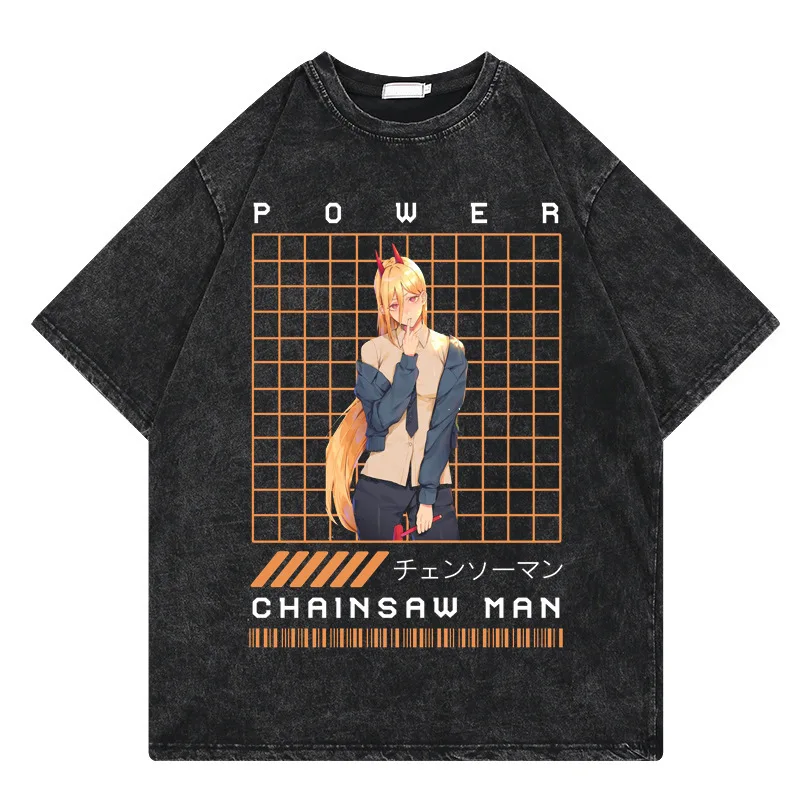 

Anime Chainsaw Man Washed T-Shirt Manga Print Tee Men Women Vintage Casual Cotton Short Sleeve Streetwear Tops