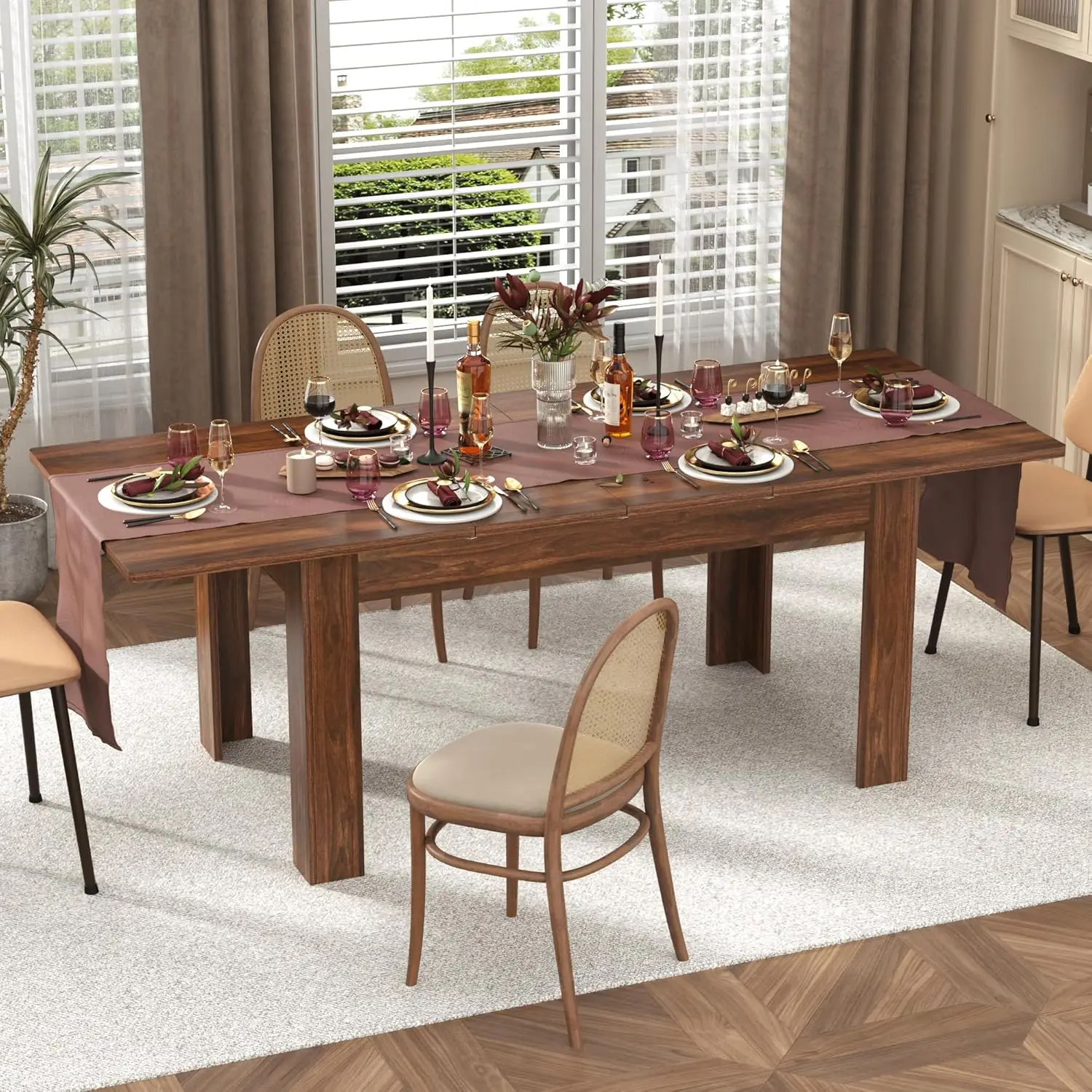 Extendable Dining Table for 6 8 10 People, Rectangular Indoor Wooden Expandable Dinner Tables, Farmhouse Large Kitchen Dining Ta