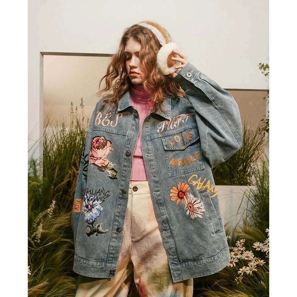 Giacca di jeans da donna Graffiti stampati giacche da cowboy casual larghe Cappotto stile street americano retrò Capispalla femminile autunno inverno