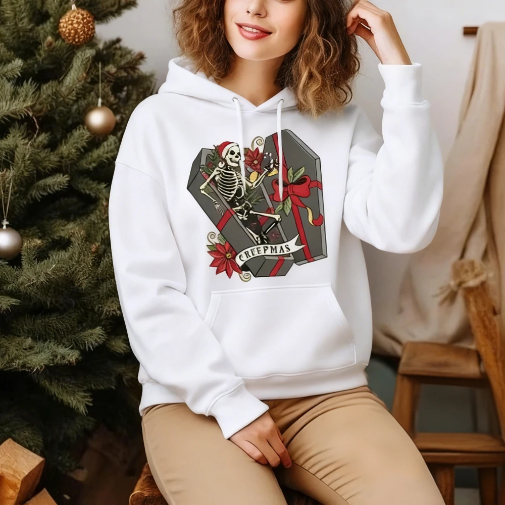 Creepmas Skeleton Christmas Hoodies Spooky Santa Funny Sweatshirt Skeleton in Santa Hat Hoodie Horror Gift for Gothic Xmas Fans