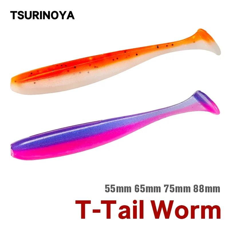 TSURINOYA Soft Lures 55mm 65mm T Tail Fishing Bait Double Color Shad Worm Wobblers Artificial Silicone Baits Fishing Lure Tackle