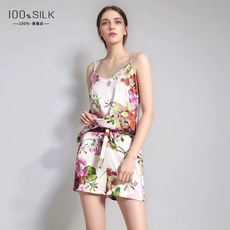 

Summer new style women's silk pajamas - 100% mulberry silk camisole and shorts two-piece printed cool loungewear set