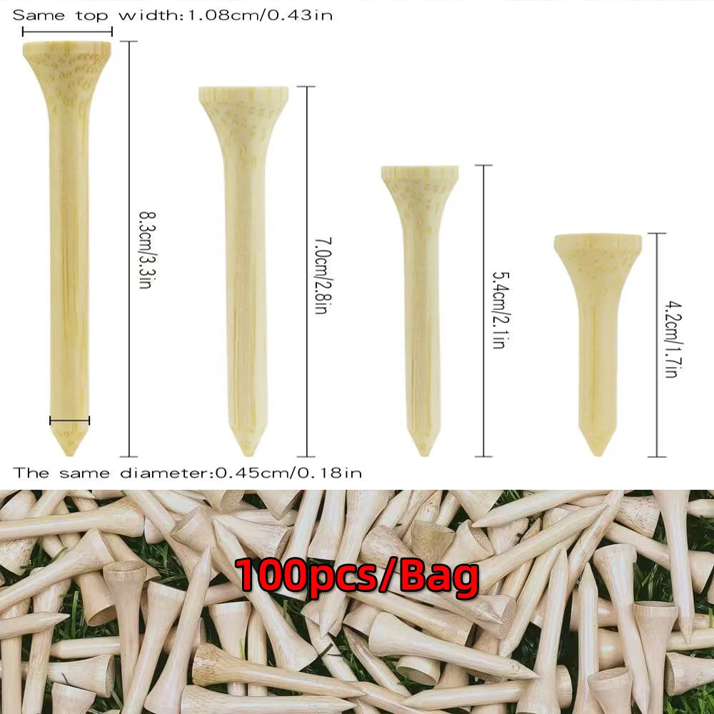 100Pcs Bamboo Golf Tees Set 4 Sizes 42/54/70/83mm Eco-Friendly Golf Ball Holder Stronger than Wood Tees for Golfers