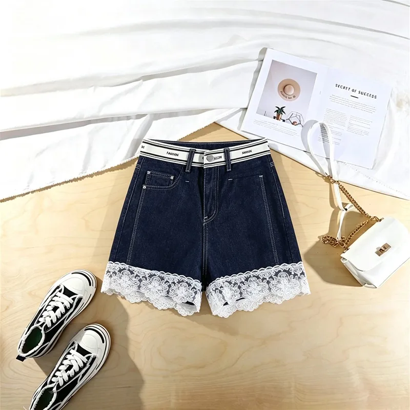 Summer New Women Spliced Lace Stretch Slim Fit Denim Shorts Elastic Waist Short Jeans view 2