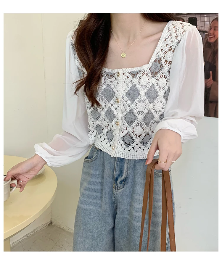 Korean Summer Chiffon Shirt Women Blouse Square Neck Loose Top Hollow Out Spliced Sunscreen Shirt