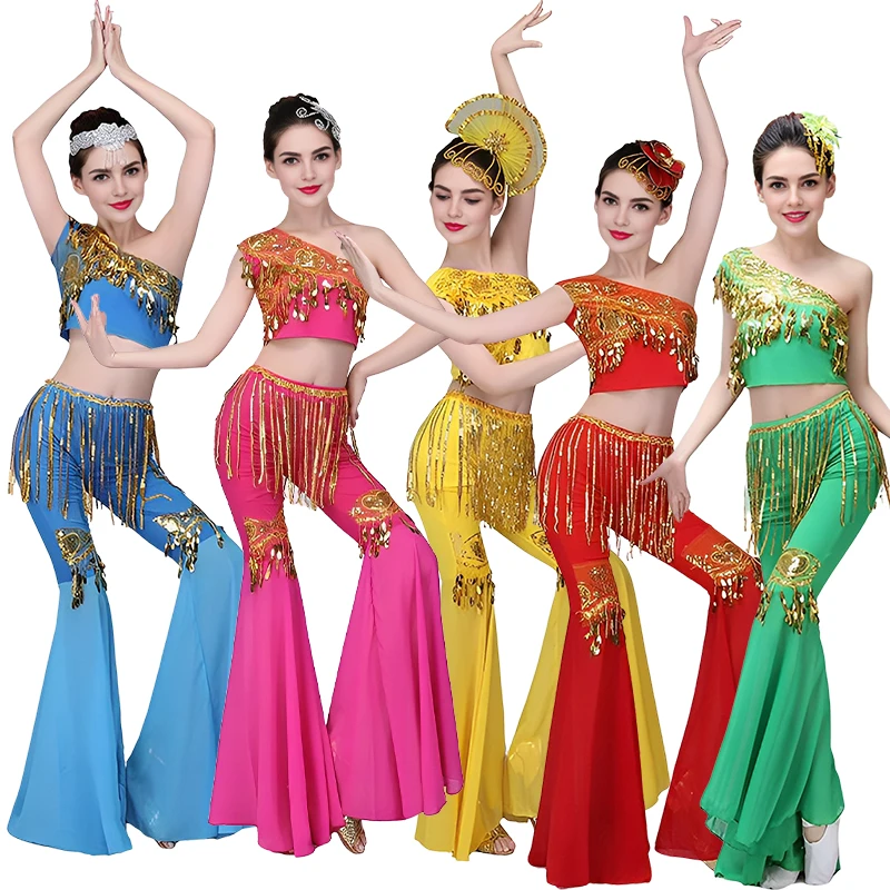 Women Belly Dance Costume Set Indian Flying Dance Cosplay Outfit with Peacock Pants Stretchy Top Mermaid Hem Stage Performance