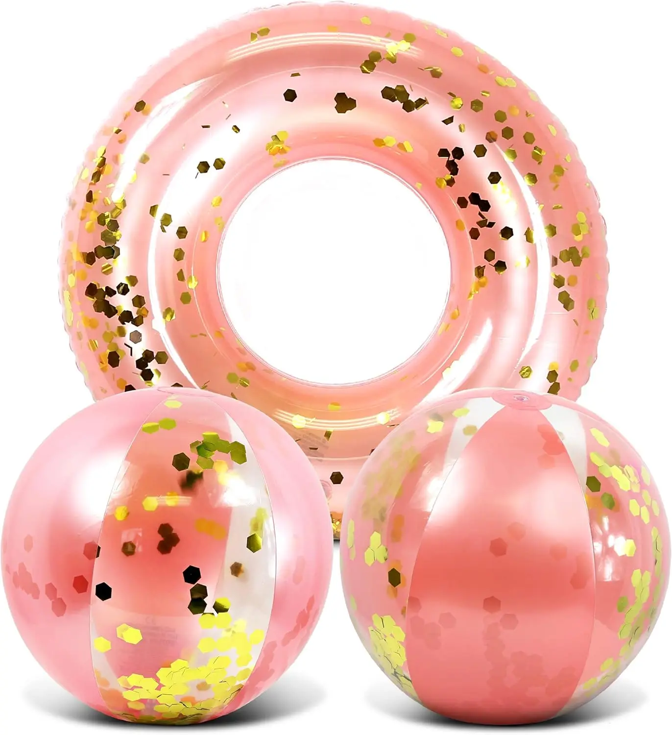 

Rose Gold Inflatable Beach Balls and Pool Float Tube Bundle Premium Swim Ring Pool Float and Glitter Beach Ball Set Fun Pool Flo