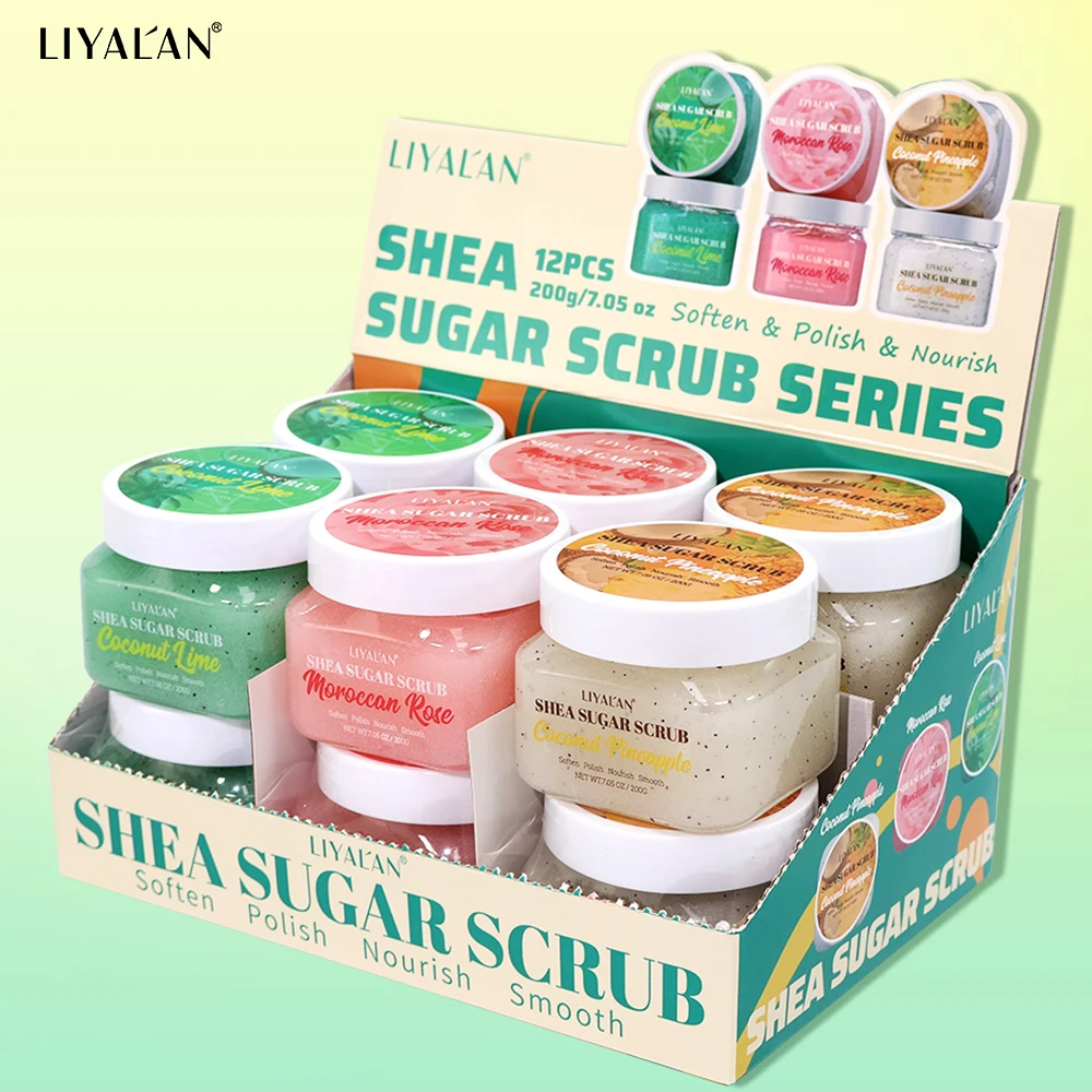 12pcs/box Shea Sugar Body Scrub Fruity Deep Cleansing Smooth Bath Exfoliating Evens Skin Tone Polish Soften Nourish Moisturizing