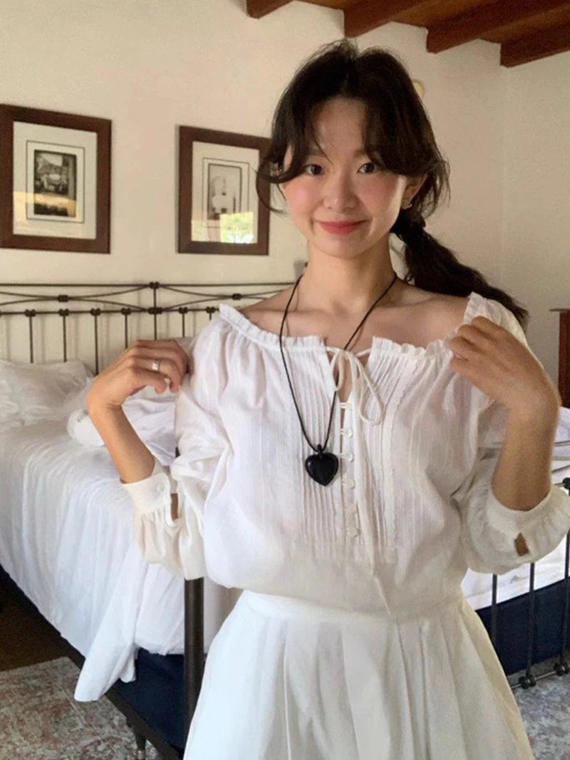 

White Cotton Shirt Design Sensation Small Size Base Shirt TheBarnnt Street Style Slim Fit Long Sleeve Half Open Collar Women'...