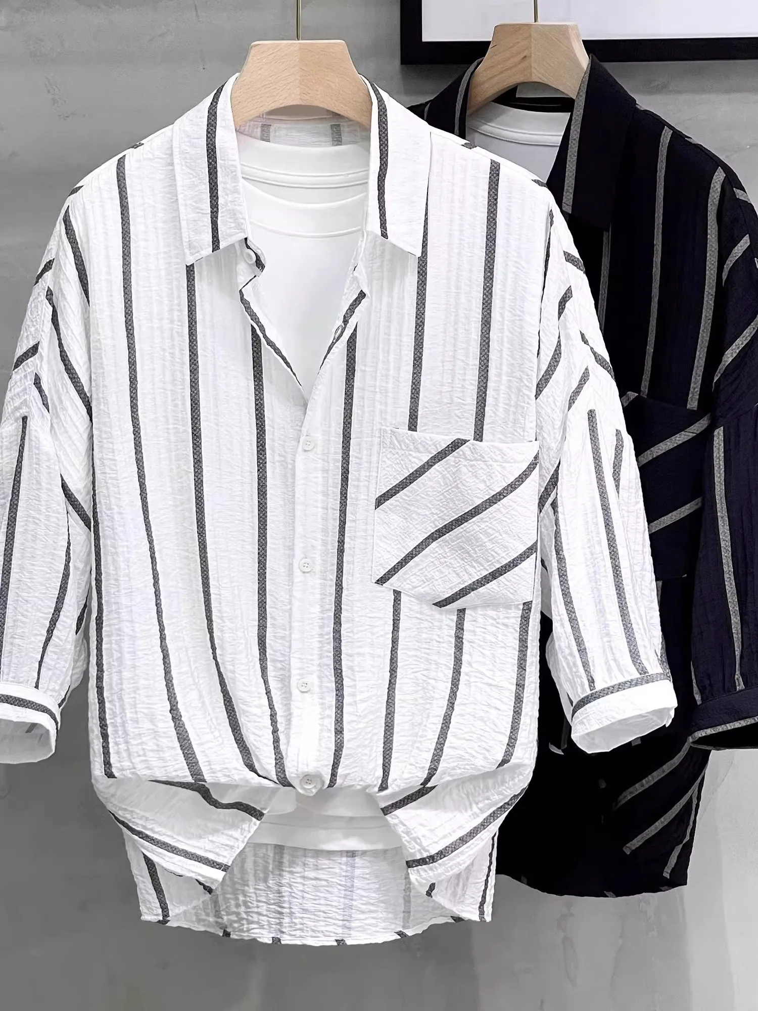 

plus Size Ice Silk Striped irt Men's Women's ort Sve Loose Casual Faionable American Sle Summer Cool Feeling Butto...