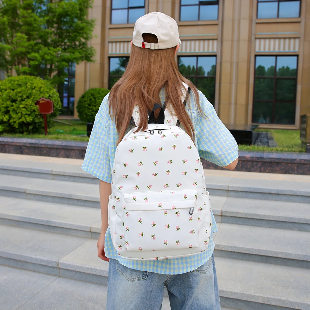 Conjunto de mochila floral para adolescentes, 3 peças, bolsa de livro com lancheira e estojo de caneta, mochila de nylon para laptop, grande capacidade, mochila de viagem