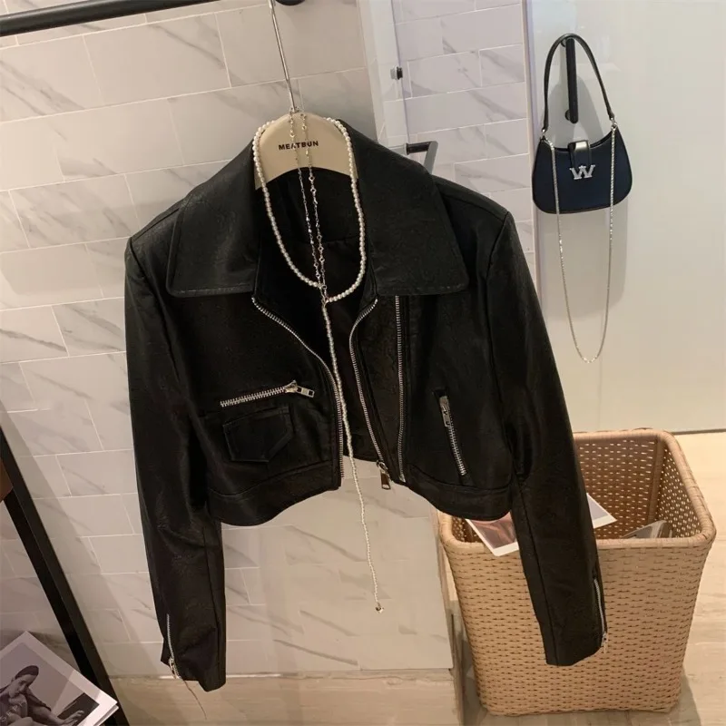 American Trendy Brand Locomotive Suit Short Jacket Women's Double Zipper Washed PU Leather Jacket Loose Versatile Leather Jacket