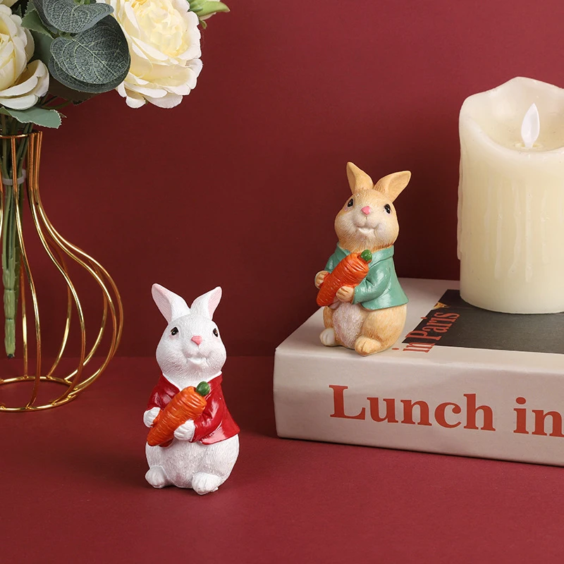 1pcs Resin Little White Rabbit Figurine Cute Cartoon Animal Sculpture Creative Handicraft Bunny Statue Christmas