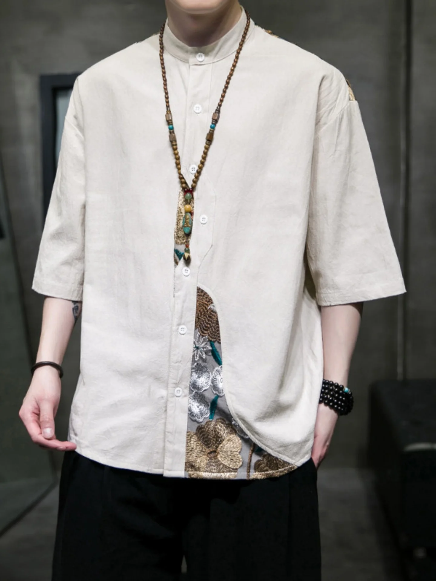 

Новая китайская мужская рубашка из льна и хлопка с коротким рукавом, летняя, модная, свободного кроя, на пуговицах, повседневная, молодежная, популярная.