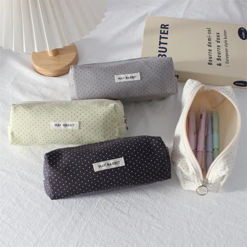 1Pcs Large-capacity Soft Touch Pen Bag Korean-style Polka Dot Design Pencil Case Stationery Pouch Stationery Organizer