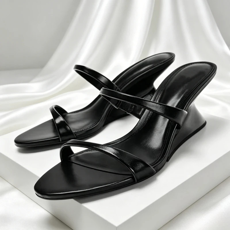 Black Leather Front Strap Detail Wedge Slippers Women Sexy Open Toe Design Platform Mules Summer 2026 Elegant Sandals for Ladies