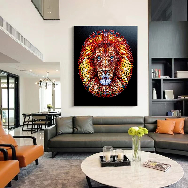 Customizable Pure Handpainted Polka Dot Color Art Oil Painting Lion Animal Modern American Style Living Room Decorative Painting