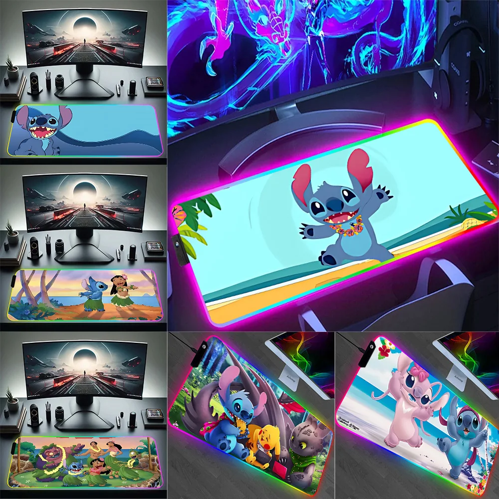 

RGB Cute Stitchs Pc Gamer Keyboard Mouse Pad Mousepad LED Glowing Mouse Mats Rubber Gaming Computer Mausepad