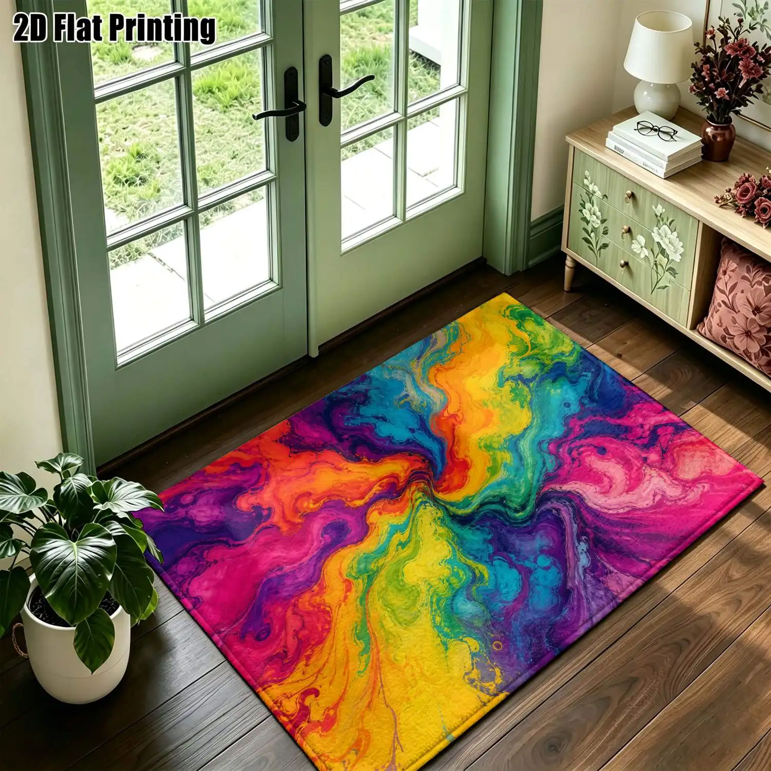 1Pc 2D Printed Rainbow Abstract Art Nordic/Bohemian/European Style Carpet, Instagram-Inspired Floor Mat, Modern Minimalist Home Decor Rug, Washable, Multi-Size for Entrance, Dining, Foyer, Bedroom, Living Room
