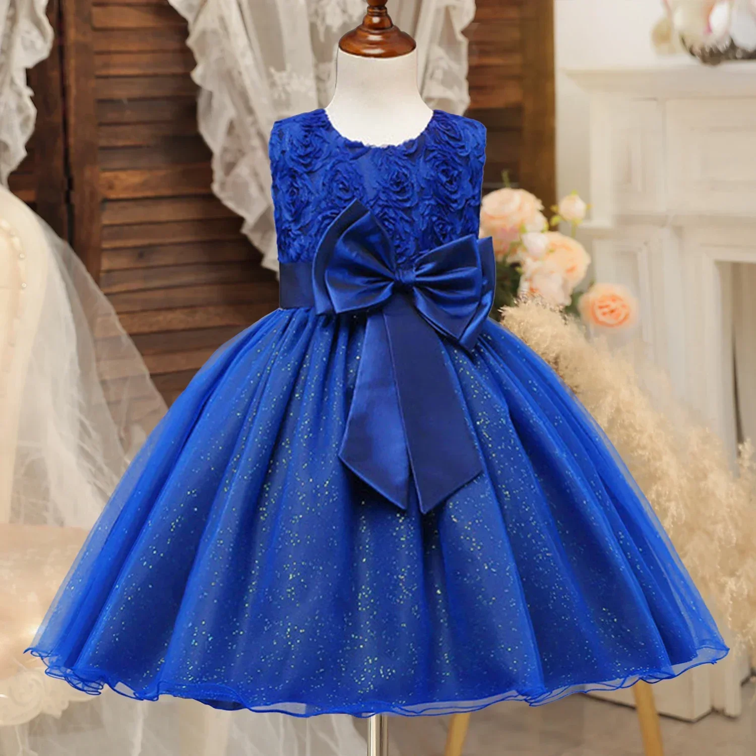 

Flower Girls Wedding Sleeveless Mesh Dress Children Elegant Party Big Bow Princess Dress For Toddler Baptism Birthday Prom Gown