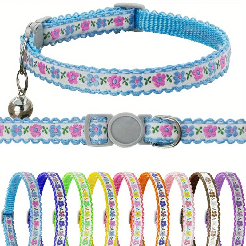 Exquisite Floral Embroidered Cat Collars, Adjustable And Durable Pet Collars, Cat Supplies, Cute Cat Collar With Bell Perfect