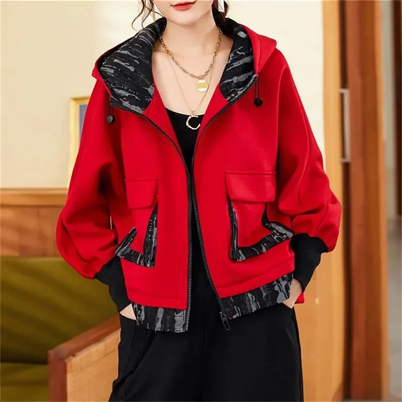Pop Pop With Lining Jackets 2025 Spring And Autumn Lady's New Coat Hooded Splicing Plus Size Loose Wild Bat Sleeve Jacket Female