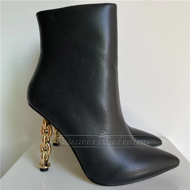 Novelty Metal Twist Strange Heel Winter Boots Women Sexy Pointed Toe Side Zip Genuine Leather Fashion Booties