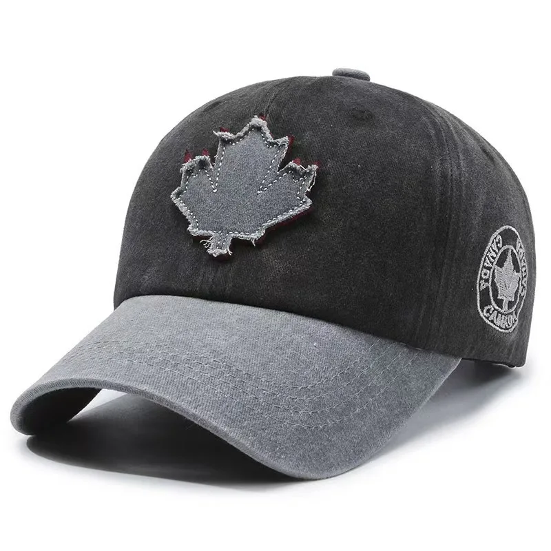 Western Style Vintage Baseball Cap with Maple Leaf Patch Color-Blocked Sun Protection & Shade
