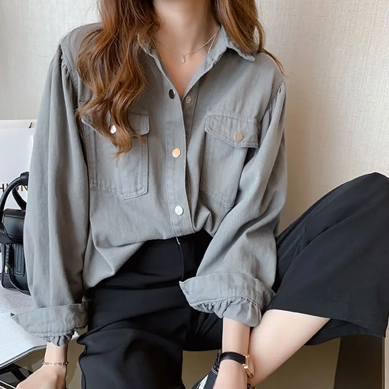 Women\'s Autumn Fashion Simplicity Solid Color Polo Collar Long Sleeve Shirts Women Clothes Casual Elegant All-match Loose Tops