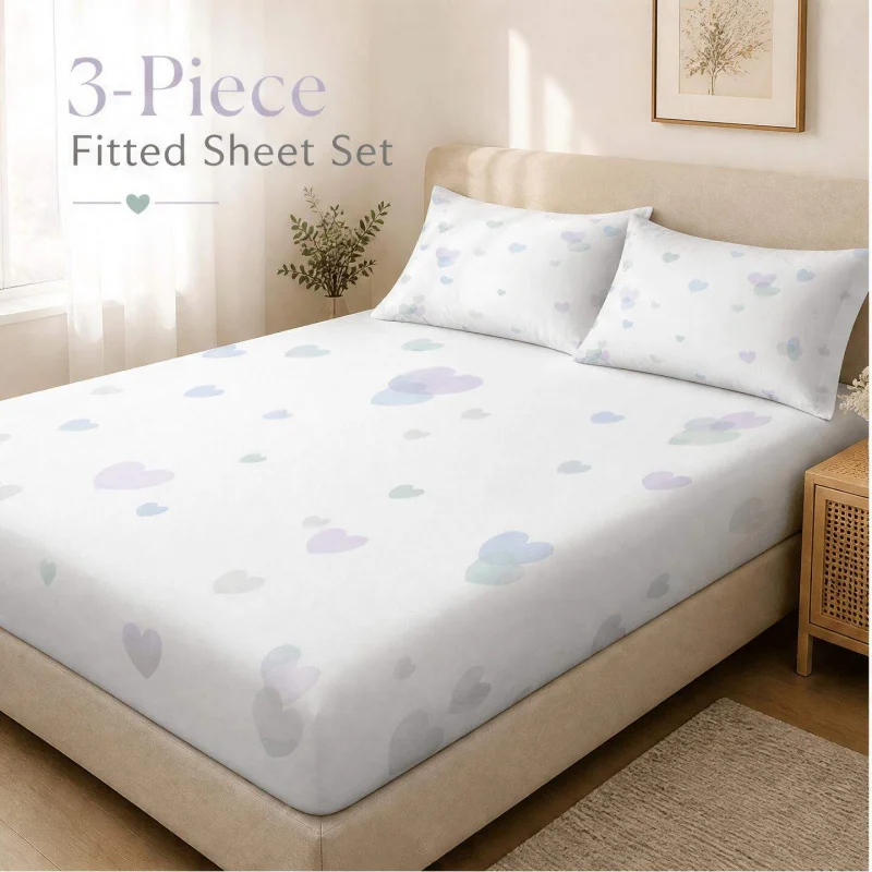 3Pcs Romantic Heart Pastel Style Fitted Sheet Three Piece Set (1*Fitted Sheet + 2*Pillowcases, Coreless) Soft Mattress Protector