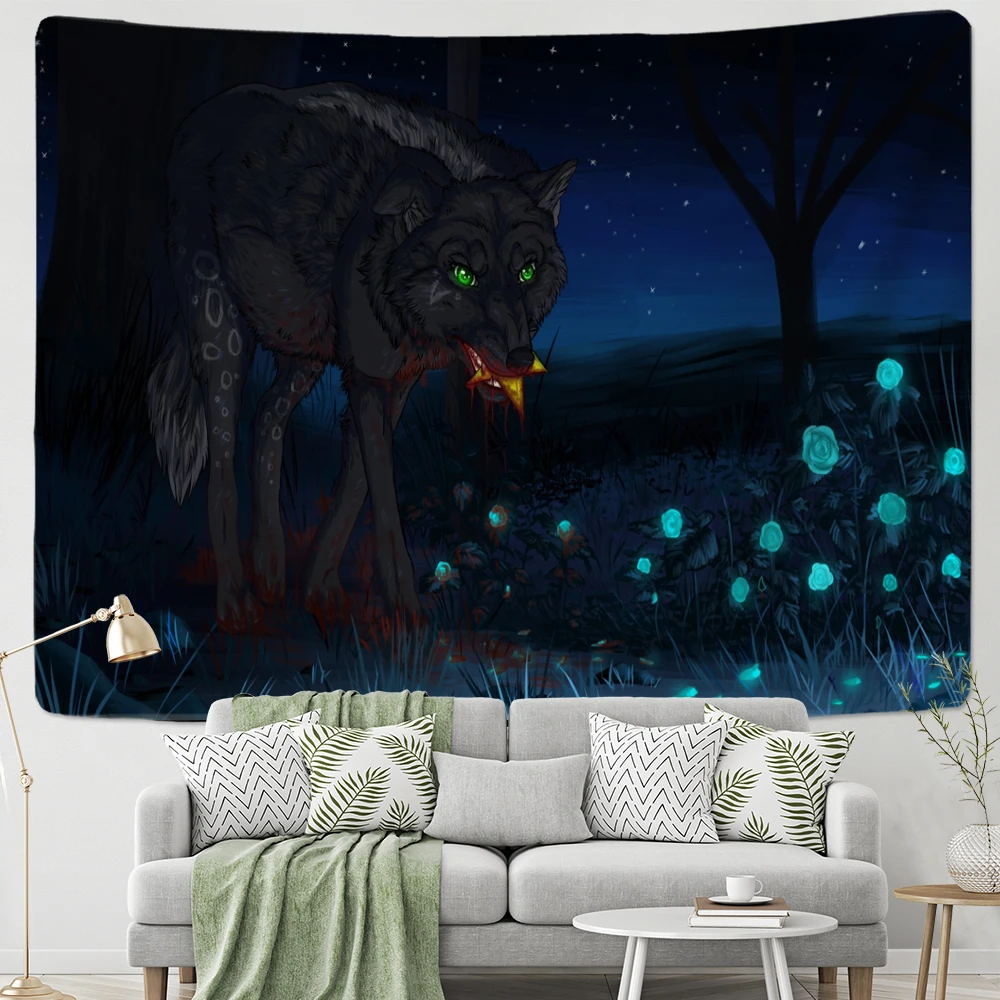 

Night Wolf Tapestry Wall Hanging Mysterious Horror Witchcraft Animal Hippie Tapiz Art Abstract Dorm Bedroom Home Decor