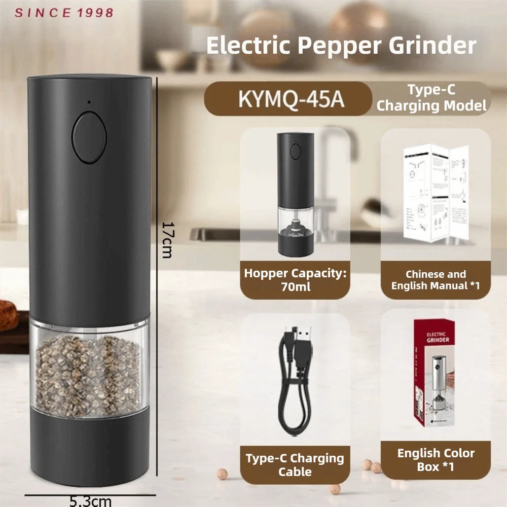 

70/95ML Electric Salt Pepper Grinder Adjustable Coarseness USB Rechargeable Pepper Grinder Set LED Light Large Capacity