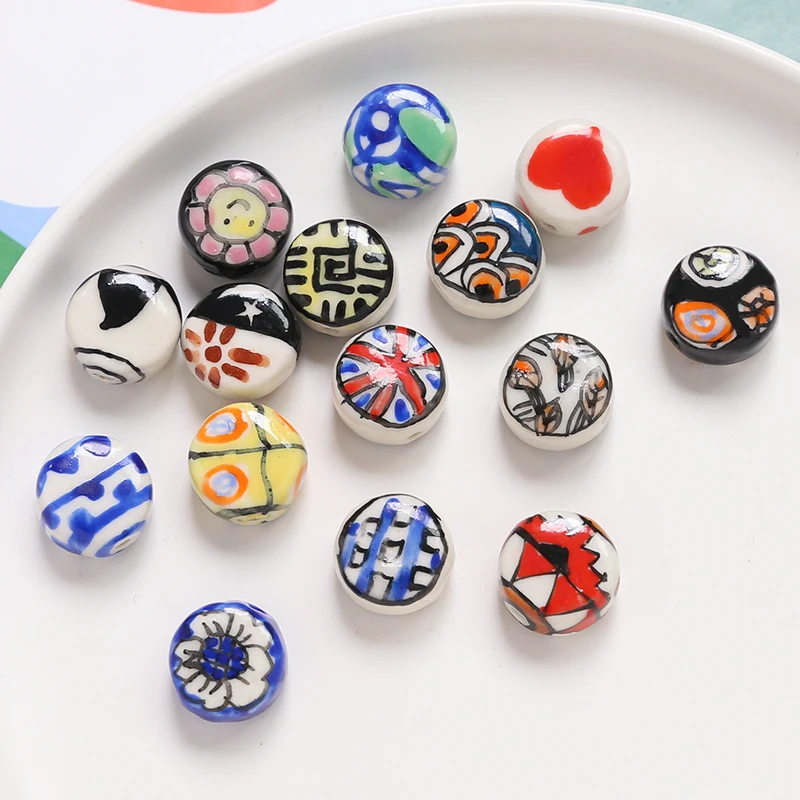 6pcs Japanese Painted Ceramic Straight Hole Round Beads DIY Handmade Ornaments Beaded Hand Necklace Earrings Loose Bead