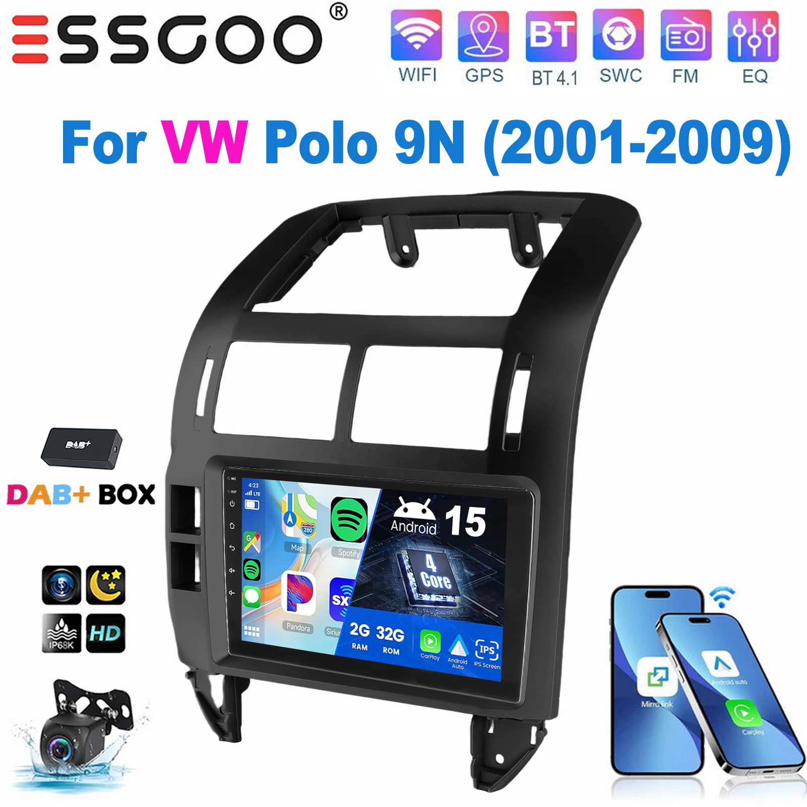 ESSGOO 9 Inch IPS Touchscreen Voor VW Polo 9N 2001-2009 Autoradio Apple Carplay Android Auto GPS Navigatie WIFI FM Stuurwielbediening RDS Android 15 Mirror Link Bluetooth ASP Geluid Split Screen