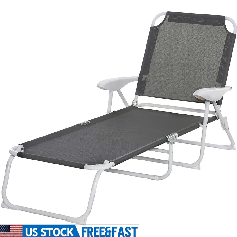 

Portable Folding Chaise Lounge Chair 4-Position Reclining Sun Tanning Beach Pool Armrests Metal Frame