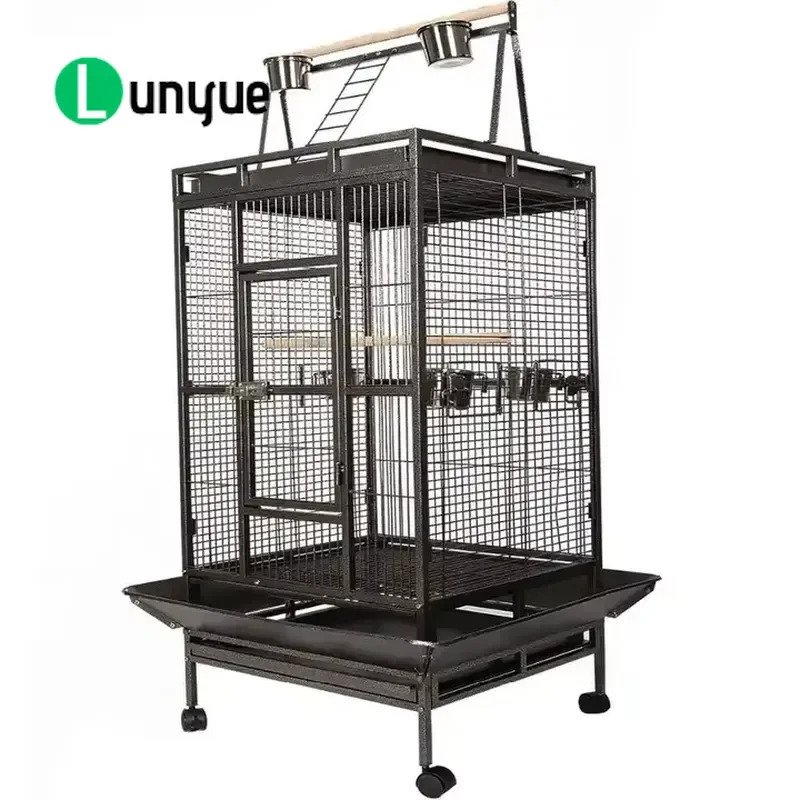 Large Black Metal Bird Cage with Wheels for Parrots Fancy Breeding Aviary Sturdy Durable Spacious Indoor Outdoor Pet House