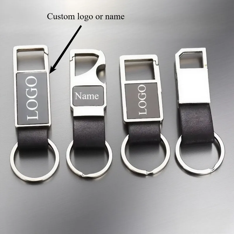 

Custom Laser Logo Name Keychain Men Business Stainless Steel Keyring Luxury Creative Leather Car Moto Key Chain Ring Gift