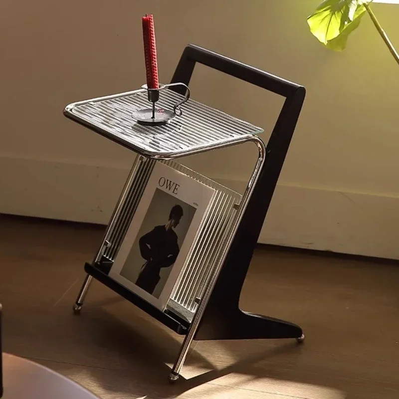Retro Multi-Functional Side Table with Magazine Rack, Industrial-Style End Table with Metal Grid Top & Storage Compartment