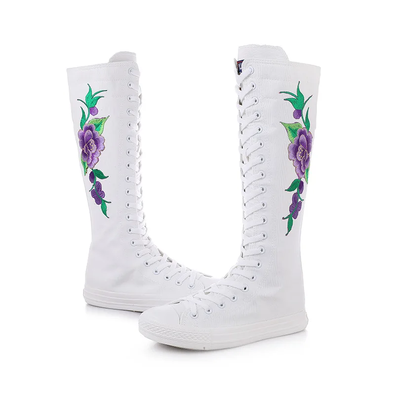 

Women's Knee High Canvas Boots Flower Embroidery White Lace Up Casual Sneakers Flat Platform Shoes for Women Fashion Woman Shoes