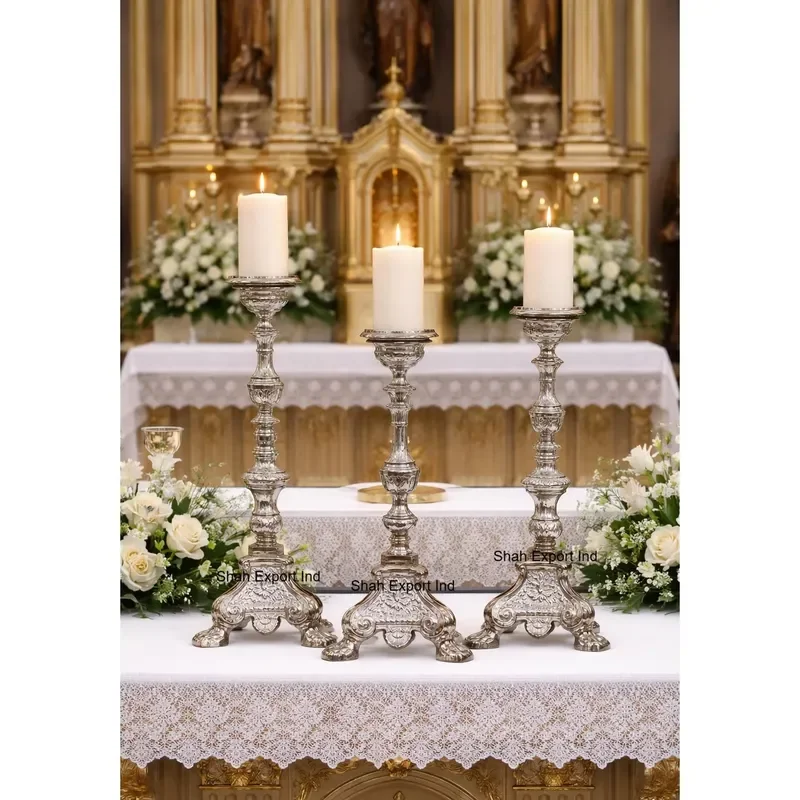 Set 3 Embossed Tripod Base Metal Candle Stand Church Altar Holder Eco-Friendly Modern Art Unique Home Wedding Christmas Decor