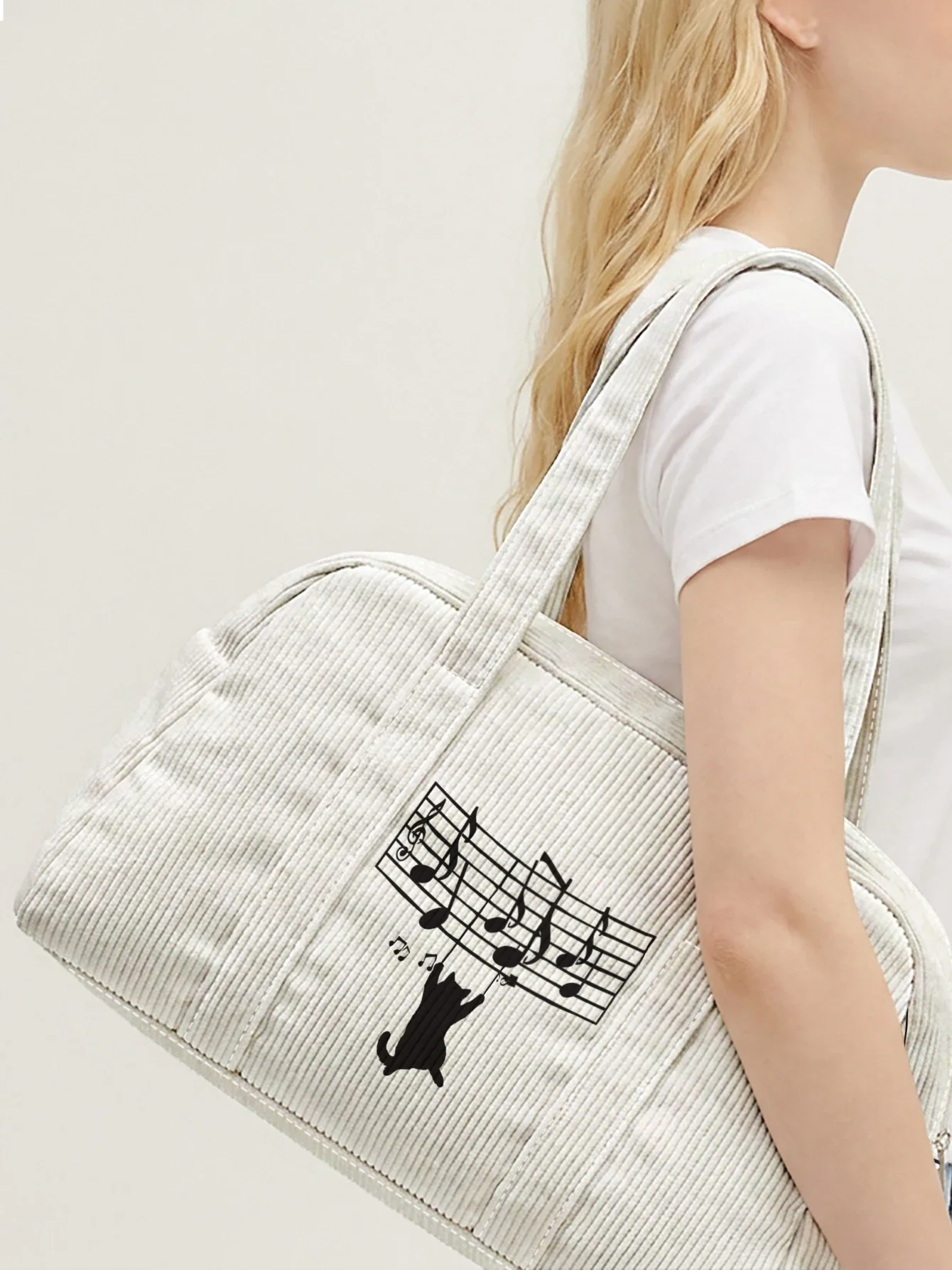 Cat Music Note Print Handbag Large Capacity Corduroy Tote Bag For Travel Shopping Daily Use
