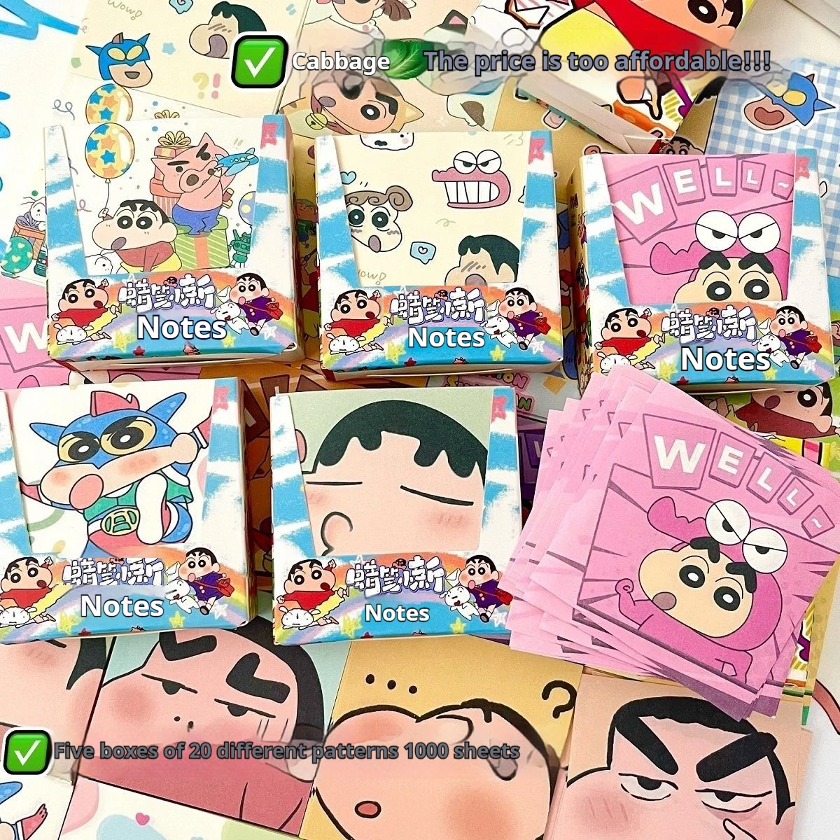 1000 Pages Cartoon Crayon Shinchan Boxed Note Paper Cute Students' Handbooks Leave A Message Hand Folded Paper Wholesale