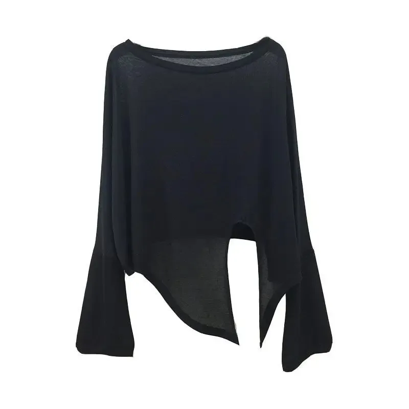 Ice Silk Knot Solid Color Large Sun Protection Coat Split Irregular Long sleeved T-shirt Loose Modern Dance Top