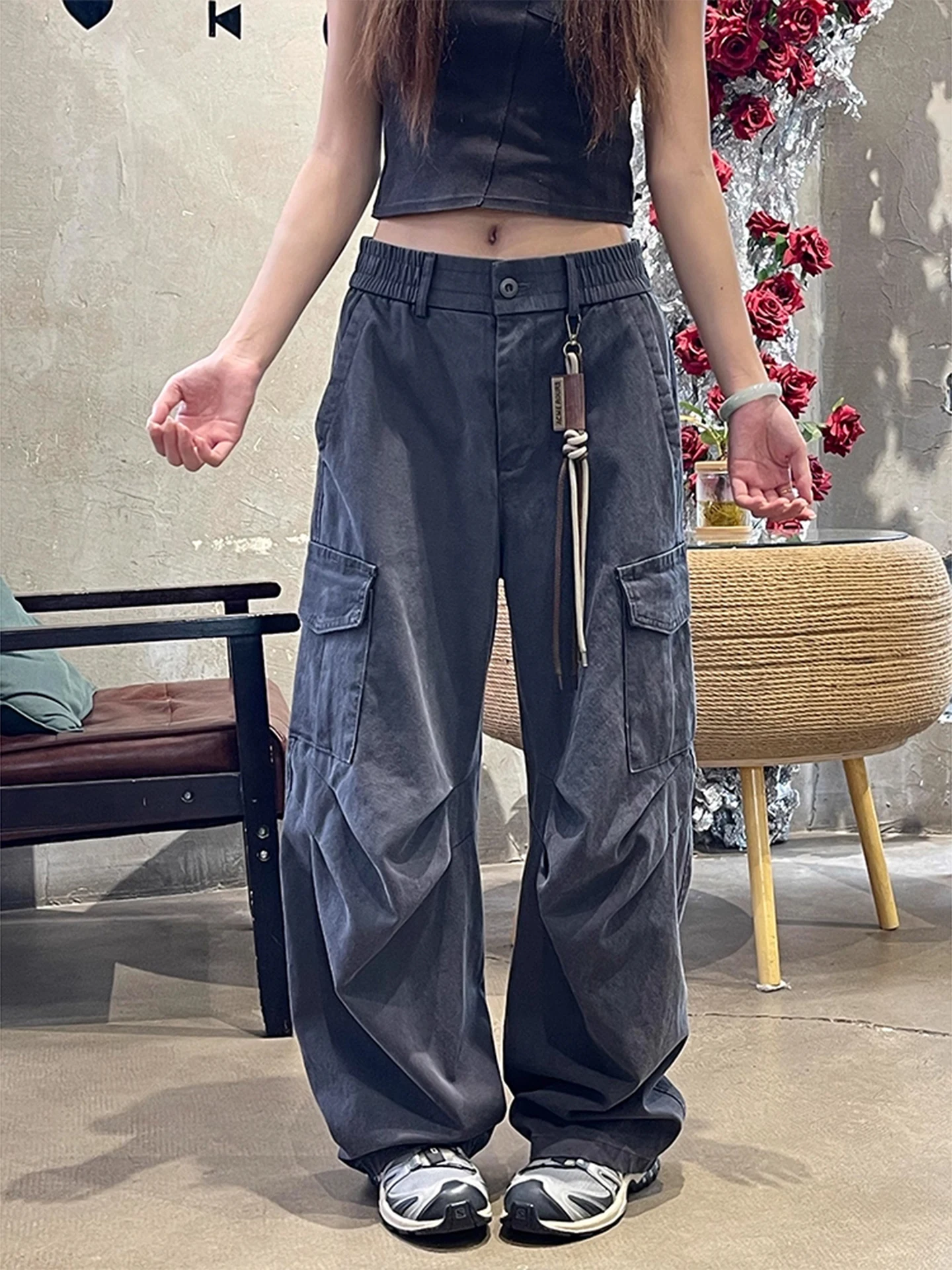 

Мужские широкие рабочие брюки в американском стиле, темно-серые, свободные, осенние, модные, повседневные, с карманами, низкой посадкой, на молнии