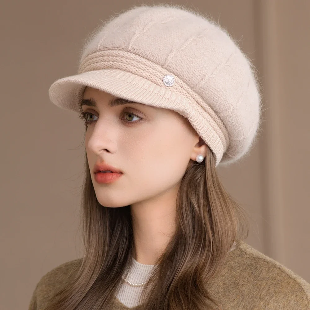 New Style Women Fashion Winter Hat With Brim Plush Fur Lined Dandy Hats For Women Casual Rabbit Fur Blend Streetwear Knitted Cap