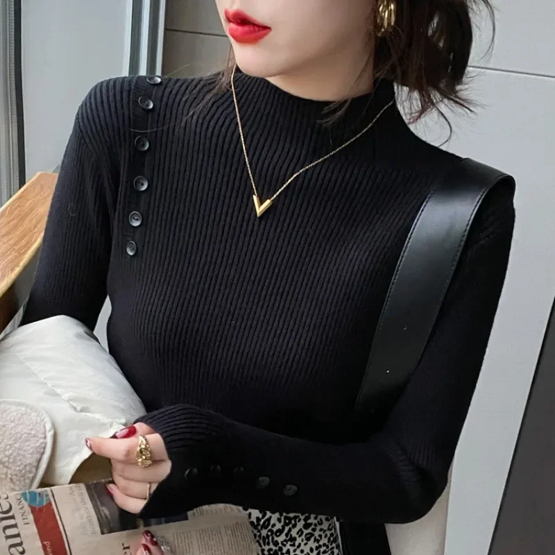 

Women Turtleneck Sweater Fashion Button Basic Knitted Tops Long Sleeve Casual Slim Pullovers Korean Fashion Simple Chic Clothes