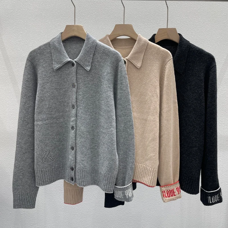 

Zadig Cashmere Cardigan Female Solid Colour Lapel Fashion 2024 Embroidered Sweaters Women Loosen Wool Classic Cuffs Knitwear